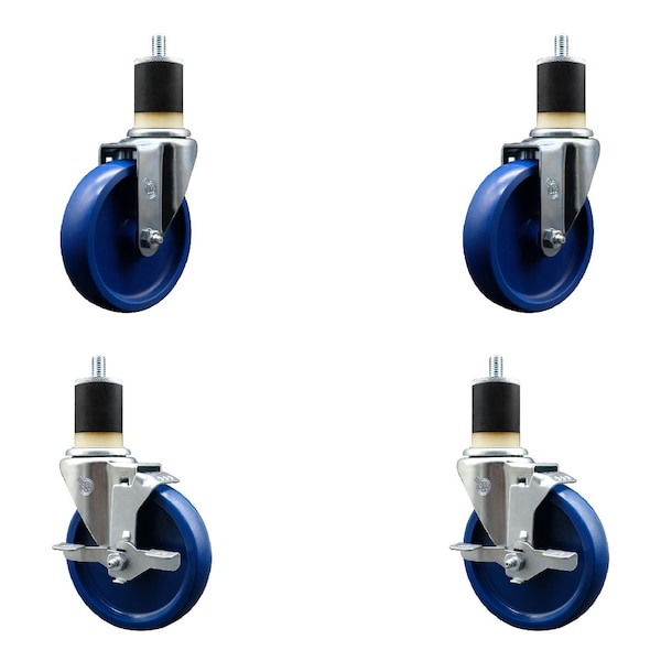5'' Solid Poly Wheel Swivel 1-7/8'' Expanding Stem Caster Set 2 Brakes, 4PK